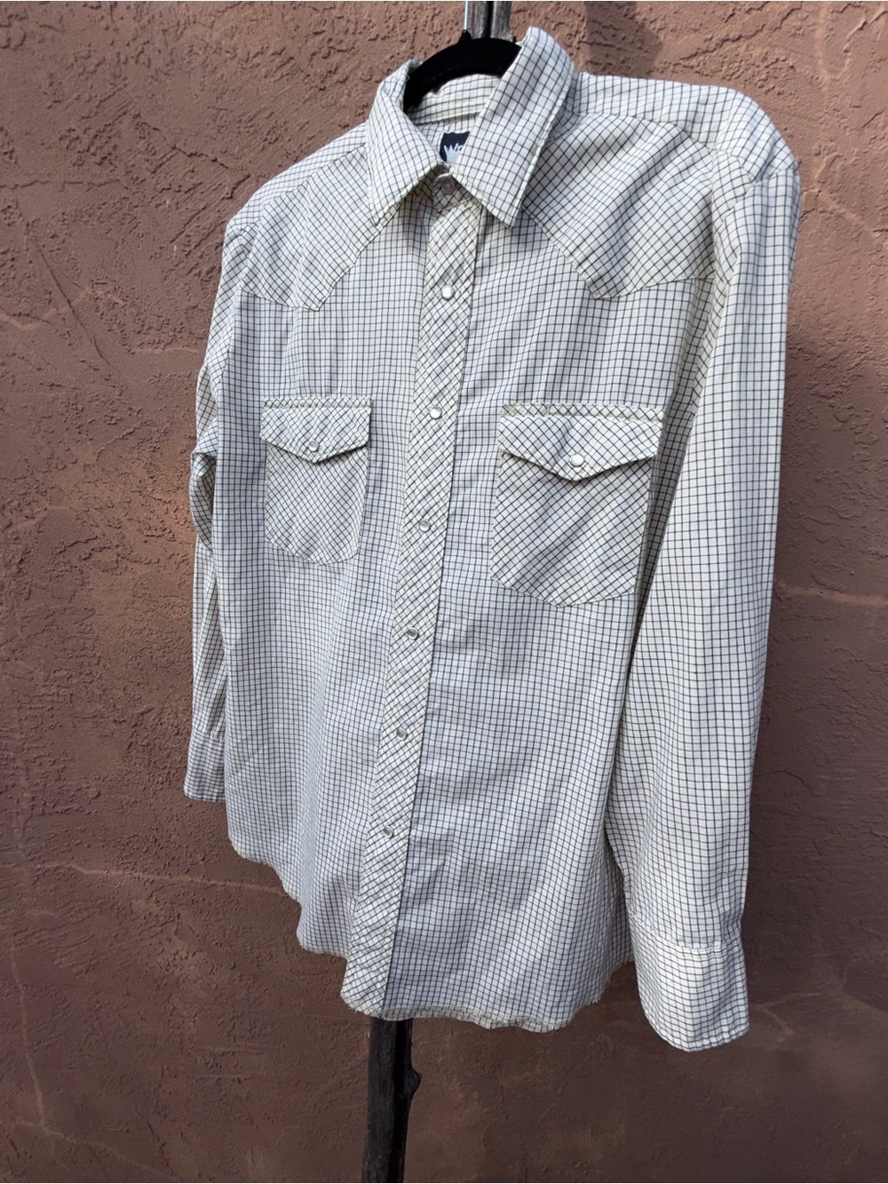 Vintage Wrangler Western Pearl Snap Shirt Cream Navy Windowpane Plaid